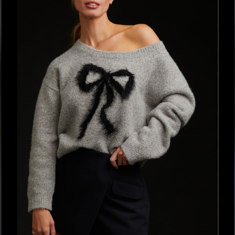 Anthropologie Gray Fuzzy Bow-Front Off-Shoulder Sweater